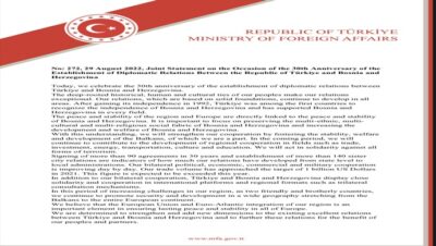 Joint Statement on the Occasion of the 30th Anniversary of the Establishment of Diplomatic Relations Between the Republic of Türkiye and Bosnia and Herzegovina